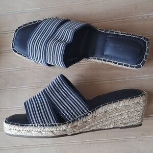 Me Too Cayman Navy Striped Wedge Slip-on Sandals Comfort Stretch Band Espadrille